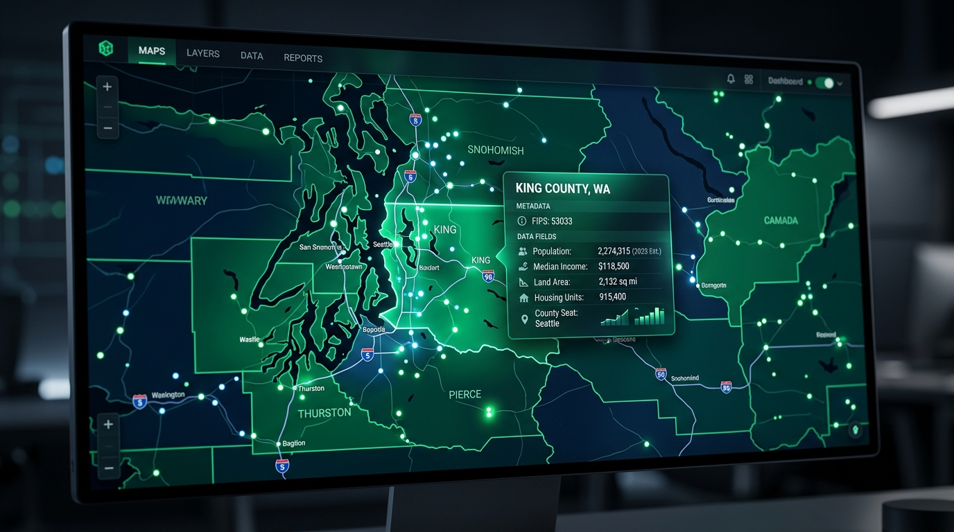 County Maps Pro showing an interactive county map with a data popup card